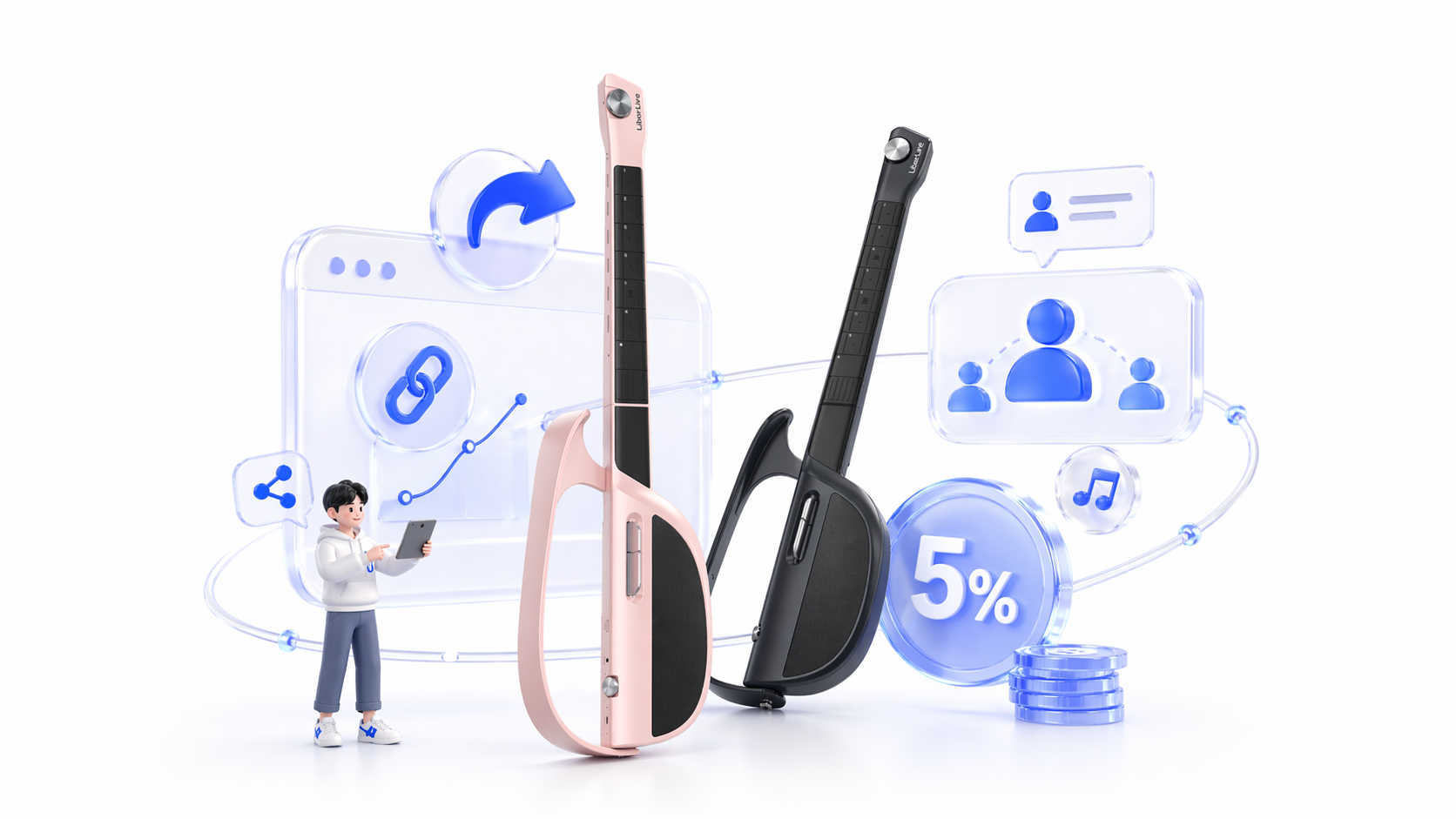 LiberLive C1 guitars with referral, community, and 5 percent reward icons for an affiliate program.