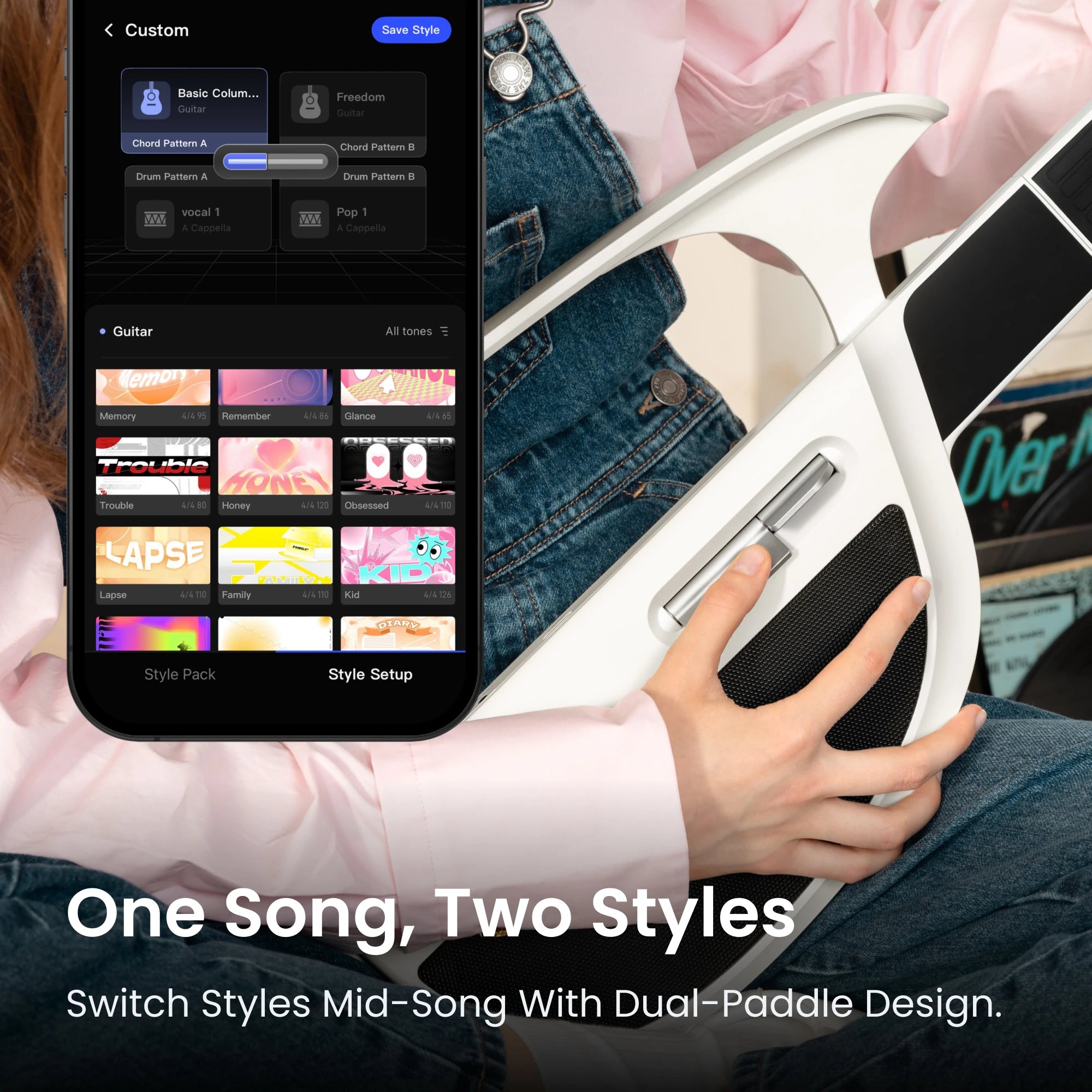 LiberLive C1 with app style controls, showing dual-paddle switching for changing playing styles.