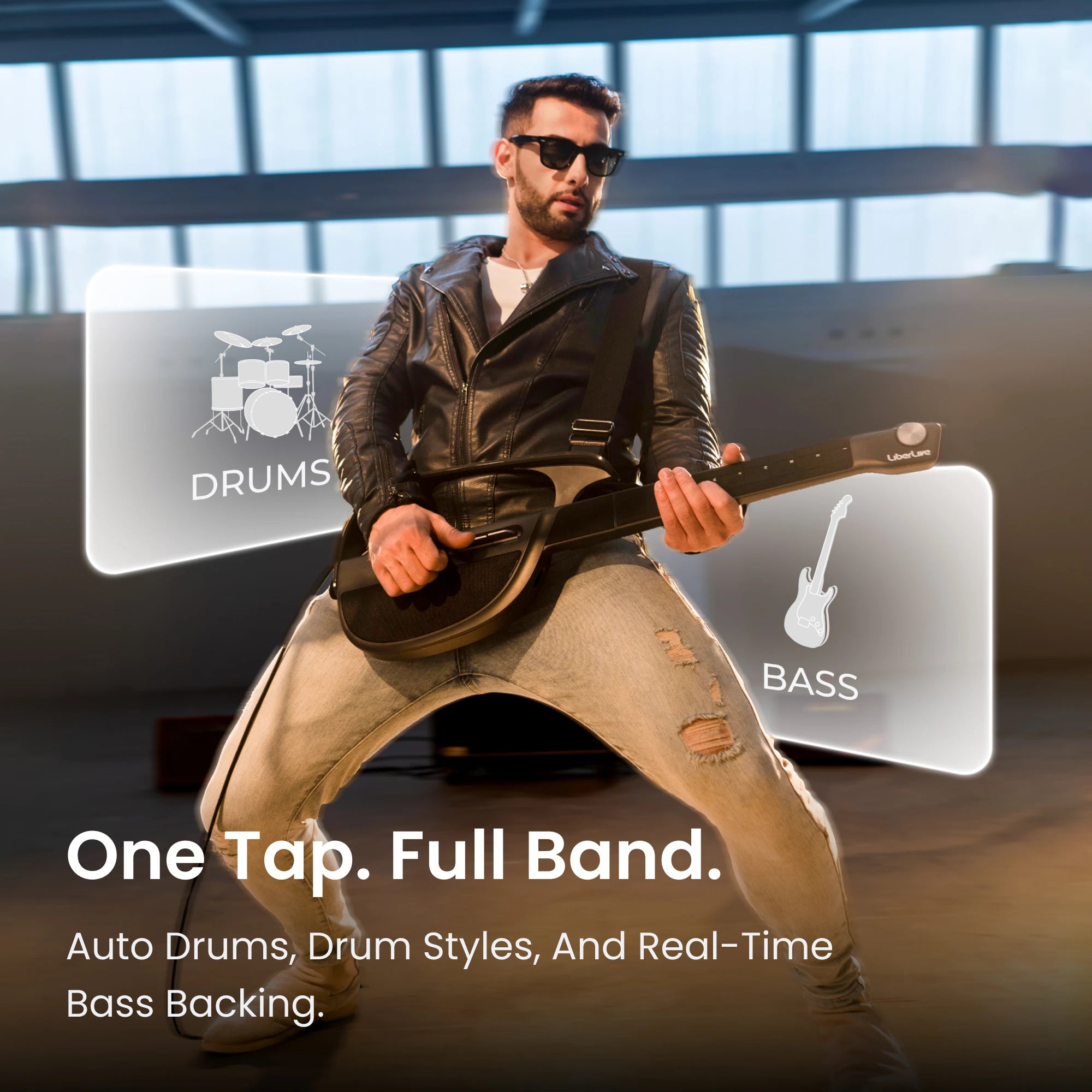 Performer holding LiberLive C1 with drums and bass overlays for one-tap full band backing.