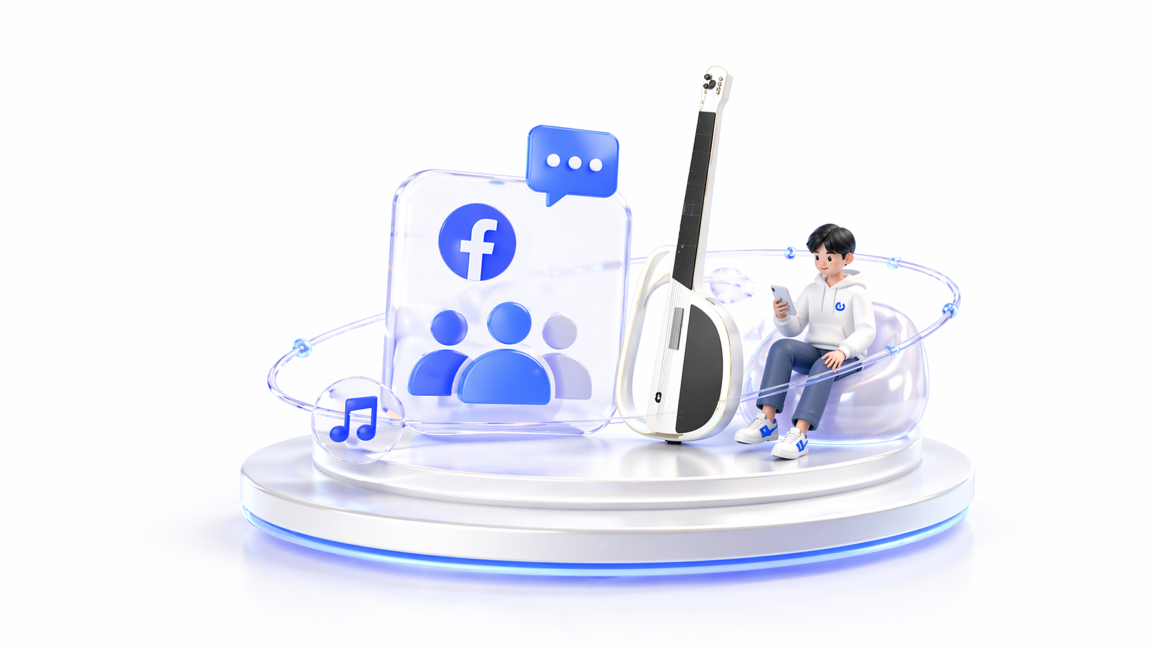 3D illustration of a LiberLive C1 guitar with social community icons for online group sharing.