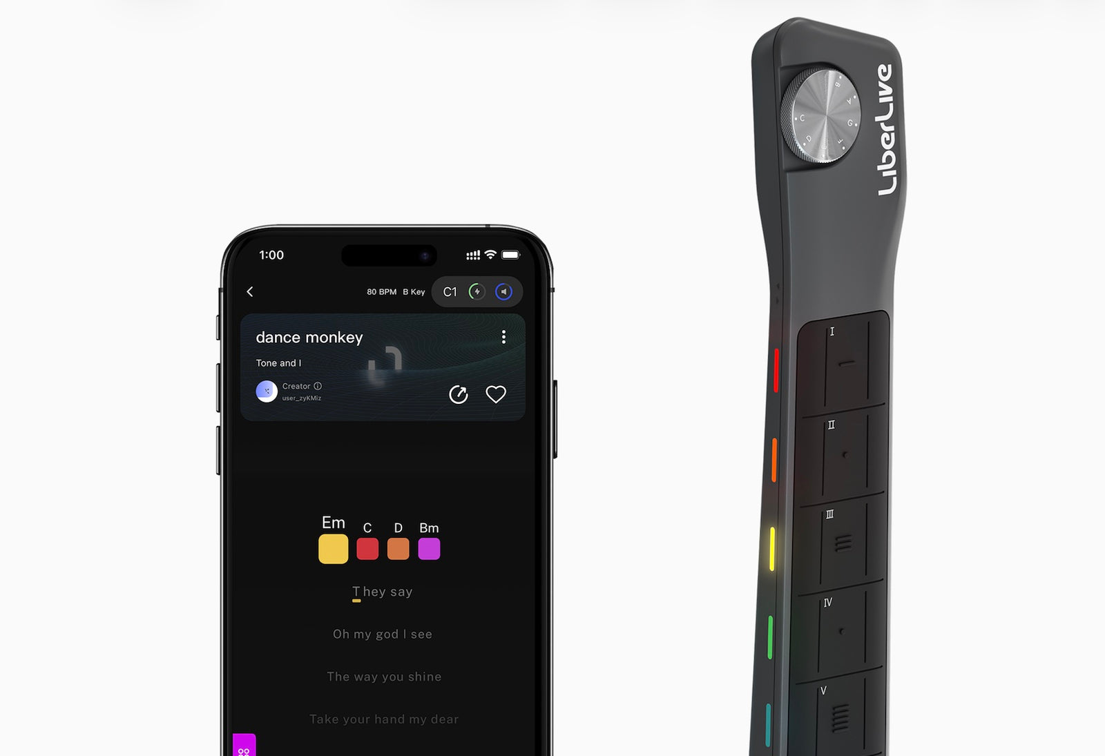 LiberLive app screen beside the C1 touch fretboard showing color-coded style controls.