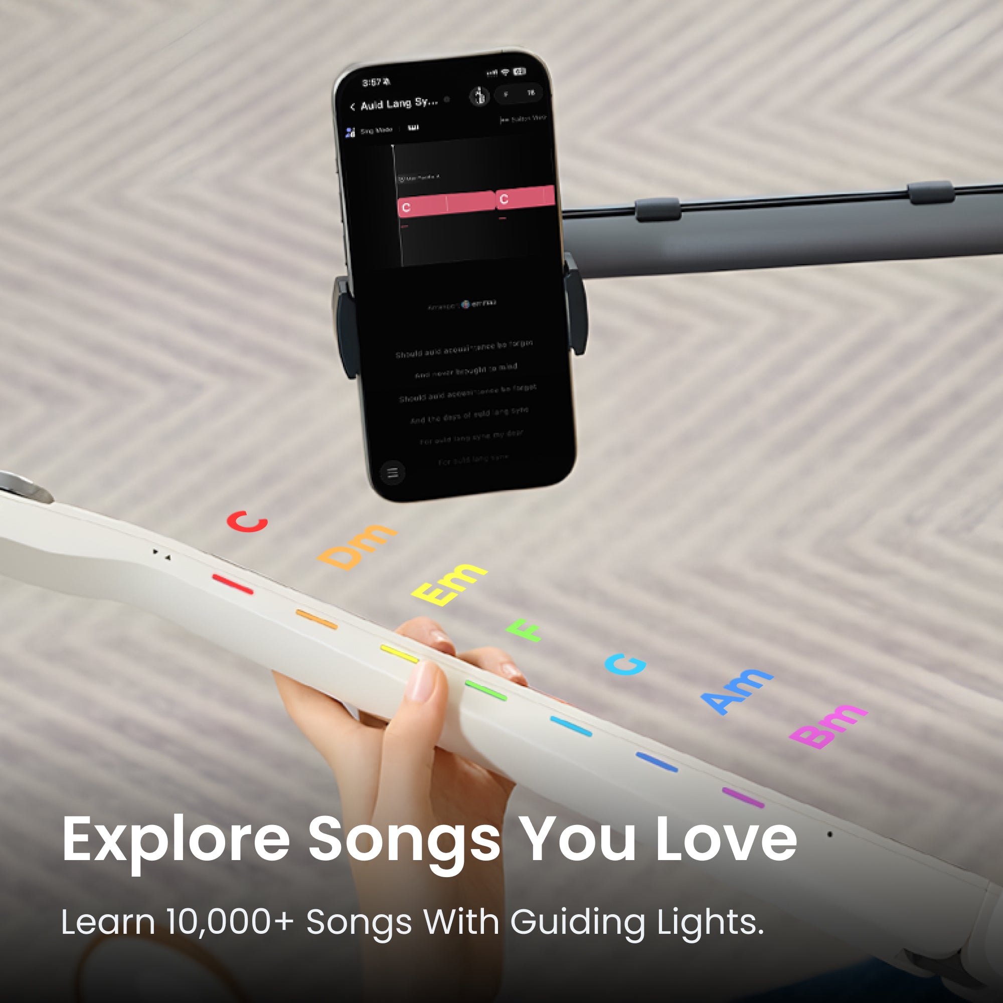 LiberLive C1 app screen and smart guitar showing guided songs with light cues for learning.