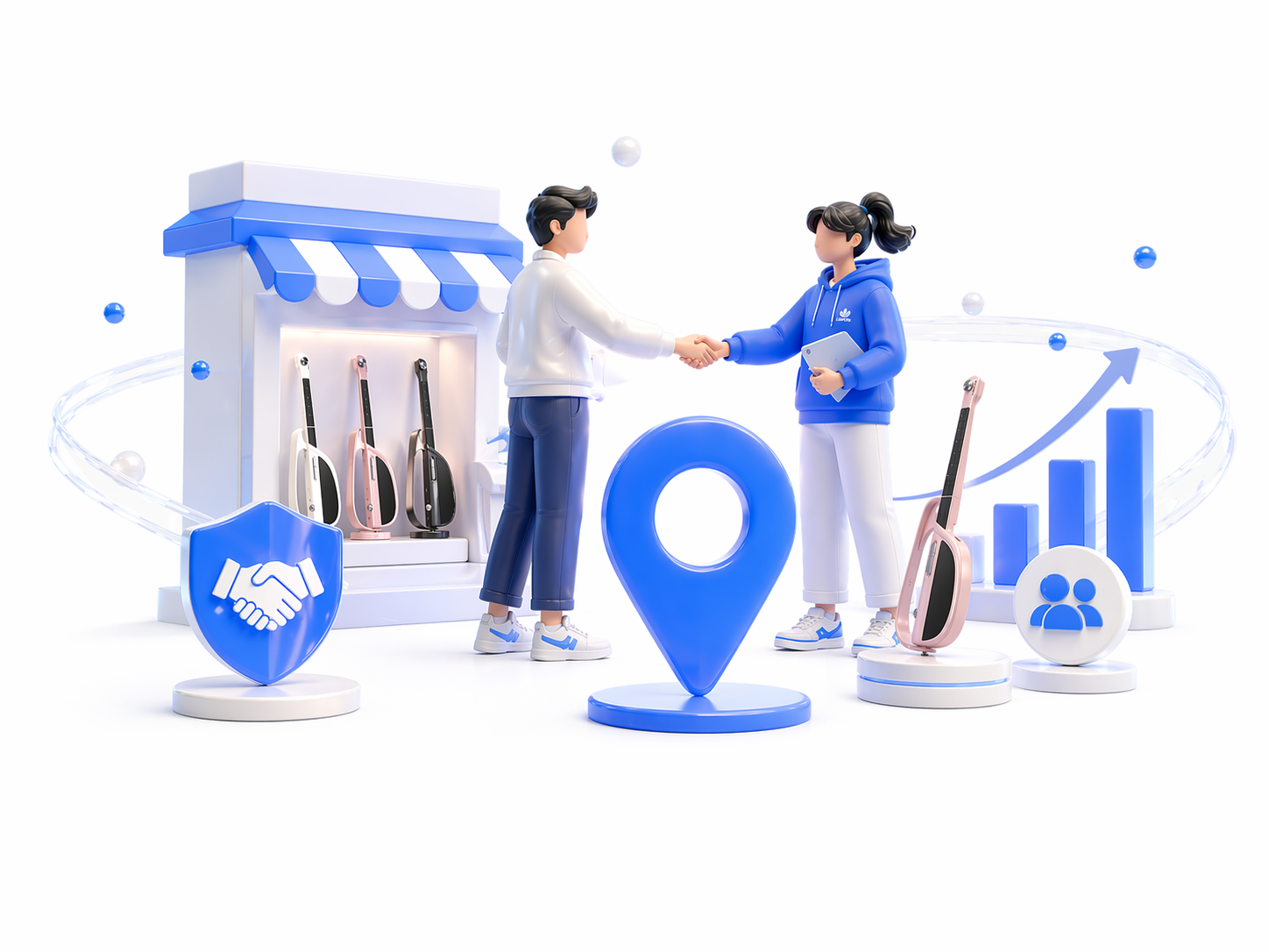 a LiberLive C1 dealer partnership with store display, handshake, location marker, and growth chart.