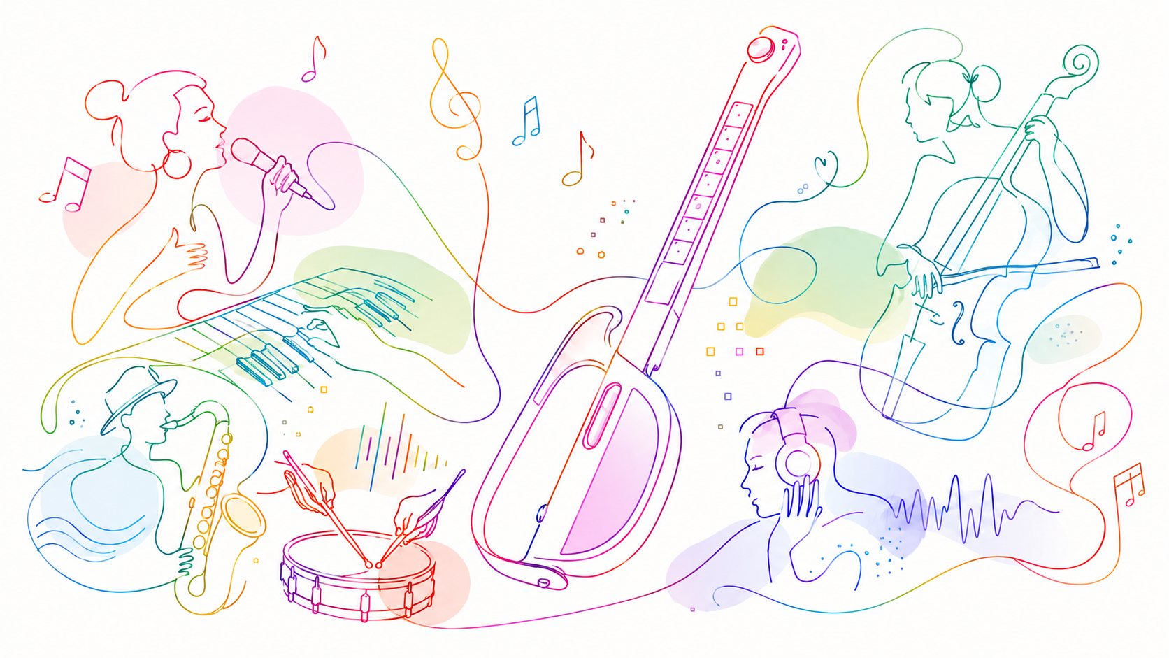Colorful line art of a LiberLive C1-style smart guitar surrounded by singers, instruments, and music notes.
